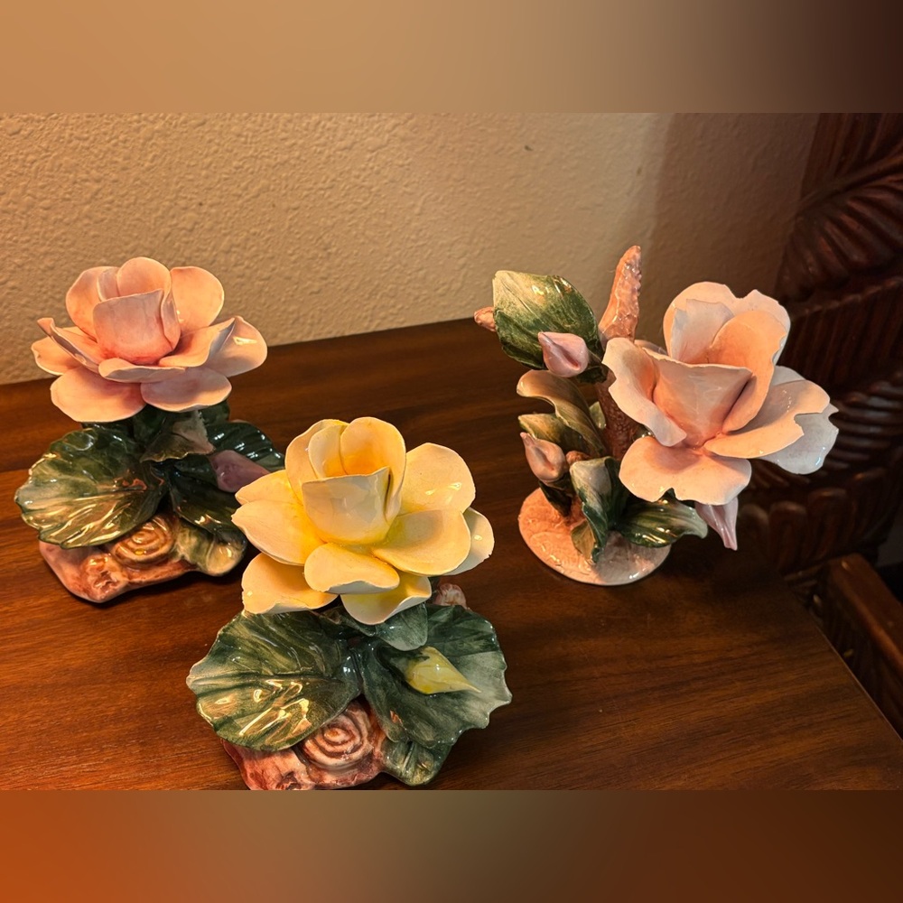 Set of 3  Capodimonte porcelain floral collectibles